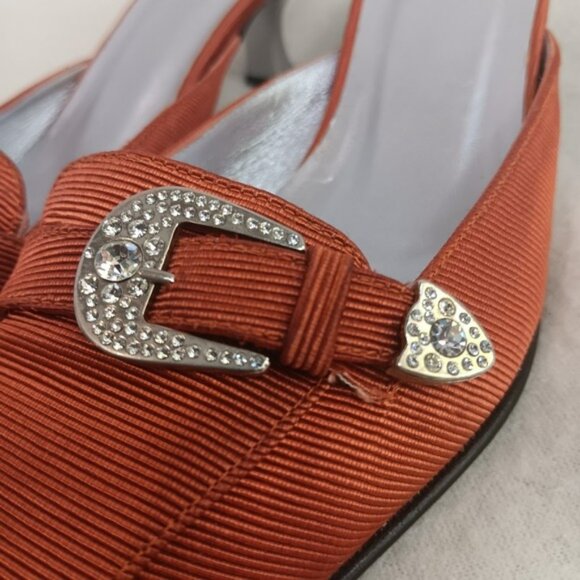 SAVVY Spanish Made Rust Burnt Orange Pointed Toe Kitten Heel Bling Buckle Sz 7B - Picture 1 of 12